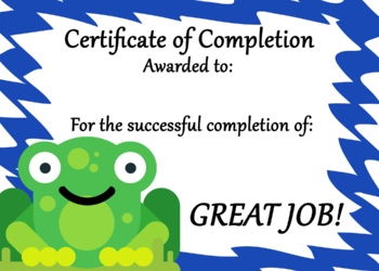 Preview of Certificate of Completion 2- 5x7 with Frog art Fun for children
