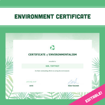 Preview of Certificate of Environmentalism (editable)