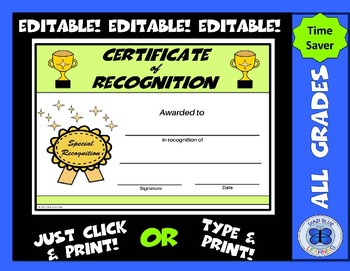 Certificate of Recognition - Editable by Diazi Blue Learning | TPT