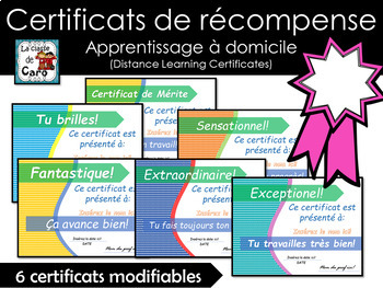 Preview of Certificats de récompense modifiables - (Bon pour l'apprentissage à domicile!)