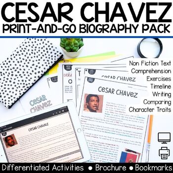 Preview of Cesar Chavez Biography Pack, Reading Comprehension, Quote & Brochure