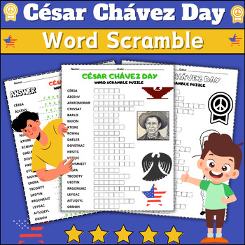 Preview of César Chávez Day Word Scramble Puzzle Worksheet Activity ⭐No Prep ⭐4th-9th Grade