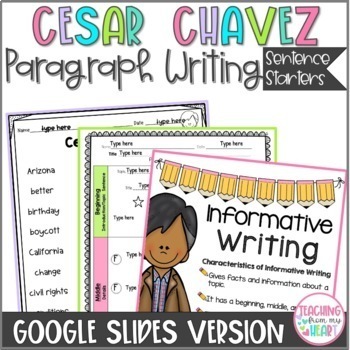 Preview of Cesar Chavez Writing Sentence Starters Frames, Paragraph Writing, Digital Google