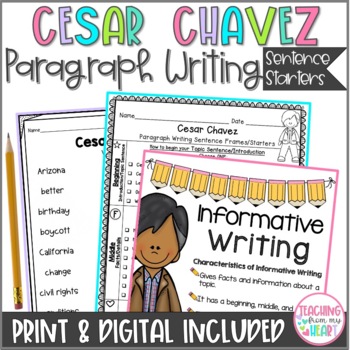 Preview of Cesar Chavez Writing Sentence Starters, Paragraph Writing and Craft Activity