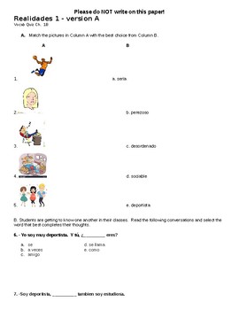 Preview of Realidades 1 Ch 1B Vocabulary quiz- Version A