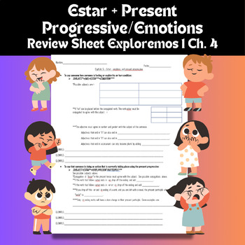 Preview of Ch 4 Exploremos 1 Estar + Present Progressive/Emotions Review for quiz or test