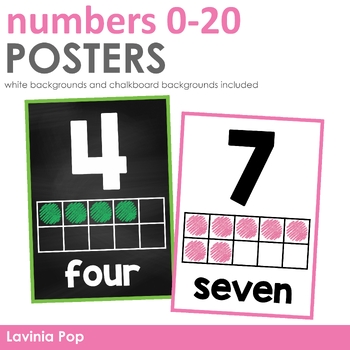 Preview of FREE Number Posters 0-20 with Ten Frames Chalkboard and White Backgrounds