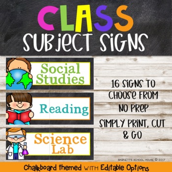 Preview of BRIGHT CHALK Classroom Decor Subject Signs | Editable Chalkboard Theme