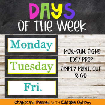 Preview of BRIGHT CHALK Classroom Decor Days of the Week Signs | Editable Chalkboard Theme