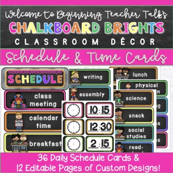 Preview of Chalkboard Brights Classroom Decor: Editable Daily Class Schedule and Time Cards
