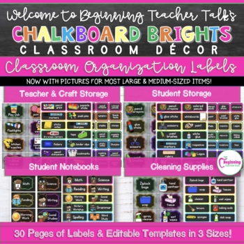 Preview of Chalkboard Brights Decor:  Editable Classroom Organization Labels with Pictures