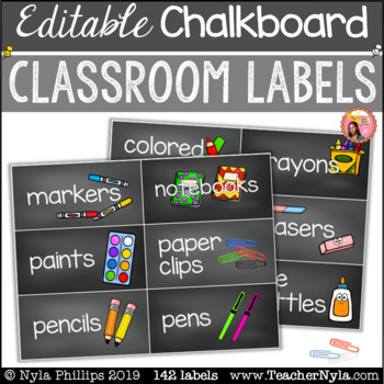 Preview of Chalkboard Classroom Labels with Pictures - Editable