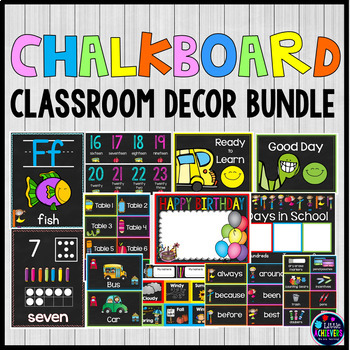 Preview of Chalkboard-Theme Colorful Classroom Decor Bundle (Editable)