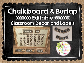 Preview of Chalkboard and Burlap Classroom Decorations and Labels EDITABLE