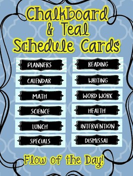 Preview of Chalkboard and Teal Aqua Schedule Cards Flow of the Day EDITABLE