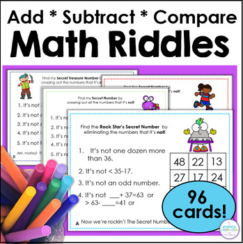 Preview of 2nd Grade Math Enrichment Addition Subtraction Place Value - Math Riddles Bundle