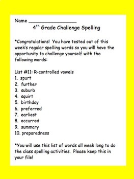 4th Grade Challenge Set of Spelling Lists by JB Creations | TpT