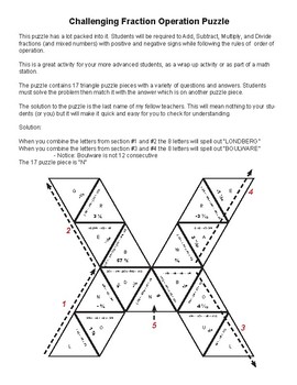 Preview of Challenging Fraction/Order of Operation Puzzle