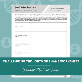 Preview of Challenging Thoughts of Shame Worksheet | Editable / Fillable PDF Template