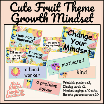 Preview of Growth Mindset Poster Display in Cute Fruit Theme & Fruity Classroom Decor
