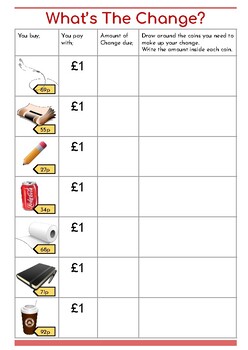 Change from £1 Worksheet - UK by The Lesson Store | TpT