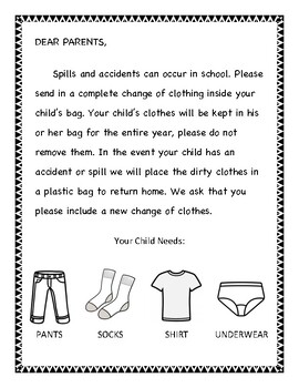 Change of Clothes Parent Letter by HelloMsJustine | TPT
