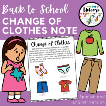 Preview of Change of Clothes Sign / Note for Meet the Teacher Day SPANISH + ENGLISH