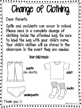 Change of Clothing Parent Letter FREEBIE by Danielle Mastandrea