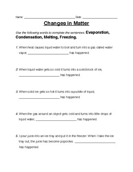 Changes in Matter Worksheet by Teaching Star Express | TpT