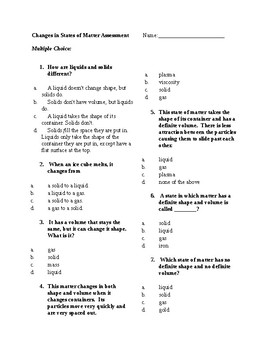 Preview of Changes in States of Matter Assessment