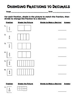 Preview of Changing Fractions to Decimals Worksheet