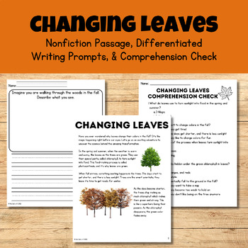 Preview of Changing Leaves (Nonfiction Passage, Writing Prompts, & Comprehension Check)Fall