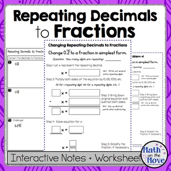 Convert Repeating Decimals to Fractions - Notes &Practice - PDF