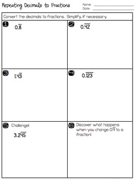 Convert Repeating Decimals to Fractions - Notes &Practice - PDF