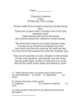 Preview of Changing Seasons Poem With Questions