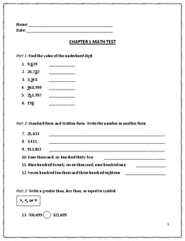 Preview of Chapter 1 Math Test 4th Grade