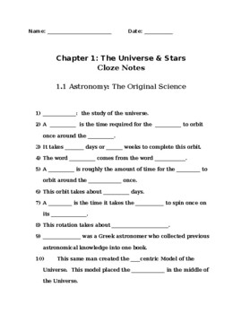 Preview of Chapter 1: Universe & Stars Cloze Notes