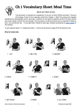 Preview of ASL at Home Ch 1 Vocabulary Sheet: Meal Time (B&W)