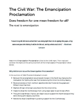 Preview of Chapter 11 The Civil War: The Emancipation Proclamation Assignment