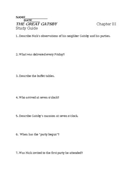 Preview of Chapter 3 Study Guide The Great Gatsby