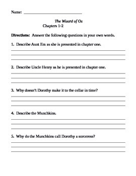 Preview of Chapter Questions - Wizard of Oz - L. Frank Baum (no Key)