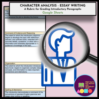 Preview of Character Analysis- Introductory Paragraph Rubric (Google Sheets)