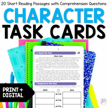 Preview of Character Analysis Task Cards- Character Traits Passages & Graphic Organizers