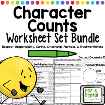 Preview of Character Counts Worksheet Sets | 72 SEL & School Counseling Worksheets