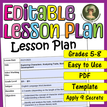 Preview of Character : Editable Lesson Plan for Middle School