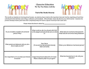 Character Education: Honesty Tic Tac Toe home activity for parents/students