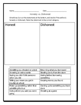 character education honest vs dishonest worksheet tpt