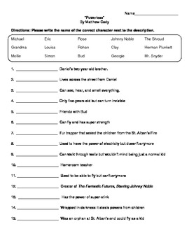 Character Matching Worksheet for "Powerless" By Matthew ...