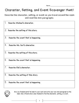 Character, Setting, and Event Scavenger Hunt by TeacherCreature