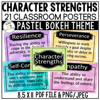 Character Strength Posters | Classroom Decor | Pastel Bokeh Theme